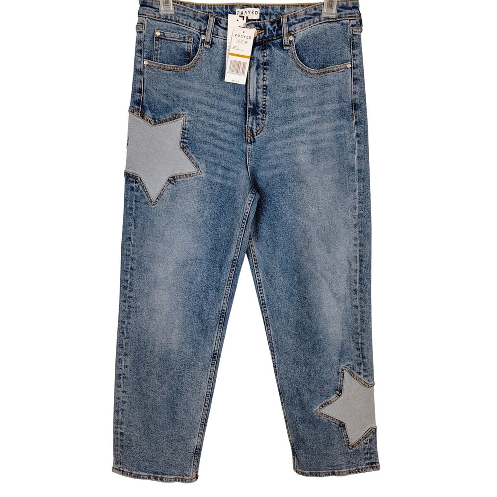 Frayed Jeans Womens 29 Relaxed Straight Star Patch Nova Wash Blue Denim festival